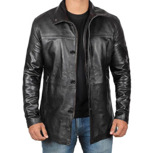 Men's Black Genuine Leather 3/4 Length Coat