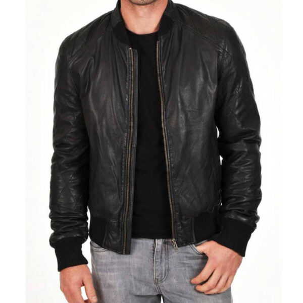 Mens Bomber Real Black Leather Jacket - Clara Leather