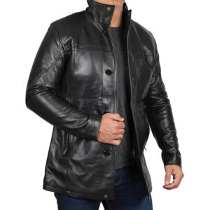 Mens Casual Black Genuine Leather 3 4 Length Coat - Clara Leather