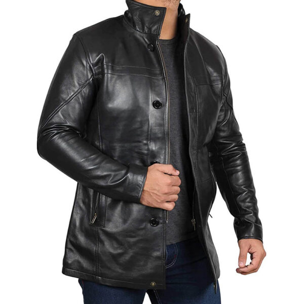 Men's Black Genuine Leather 3/4 Length Coat - Image 3