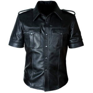 Men's Police Uniform Fetish Gay Leather Shirt Jacket