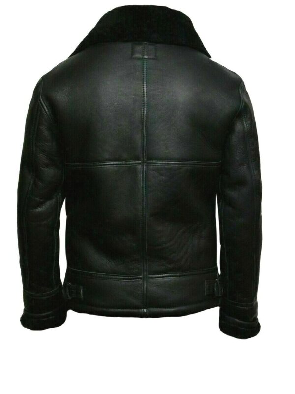 Mens Black Leather Jacket Real Sheepskin Aviator Fur B3 Bomber - Image 2