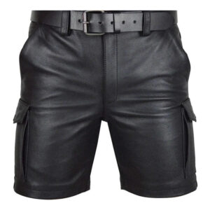 Men's Real Leather Sexy Black Cargo Shorts