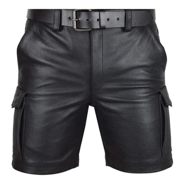 Men's Real Leather Sexy Black Cargo Shorts