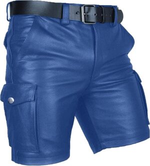 Mens Real Leather Blue Cargo Shorts